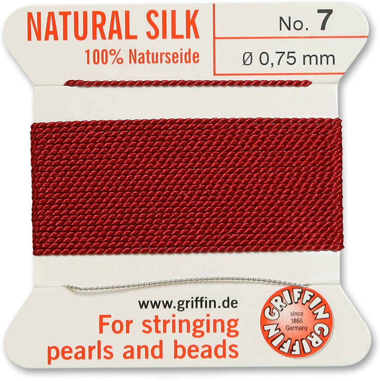 Griffin Silk Bead Cord Perlseide – Size 7 (0.75mm) – 2 Meters per Card – Stainless Steel Needle Attached – for Knotting Pearls, Gemstones, Crystals and Beads